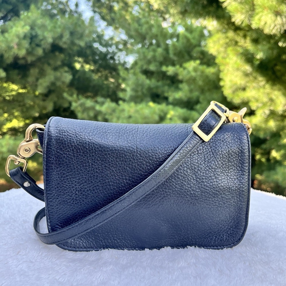 Libaire Classic East West Handbag Pebbled Leather Purse Black Flap Front Brass